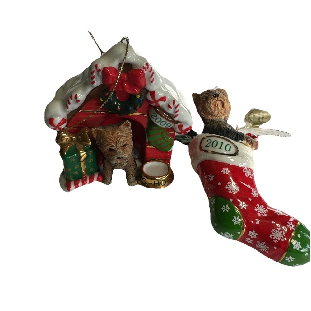 2 Danbury Mint Annual Yorkie Christmas Ornament Dog Home Holidays 2009 and 2010
